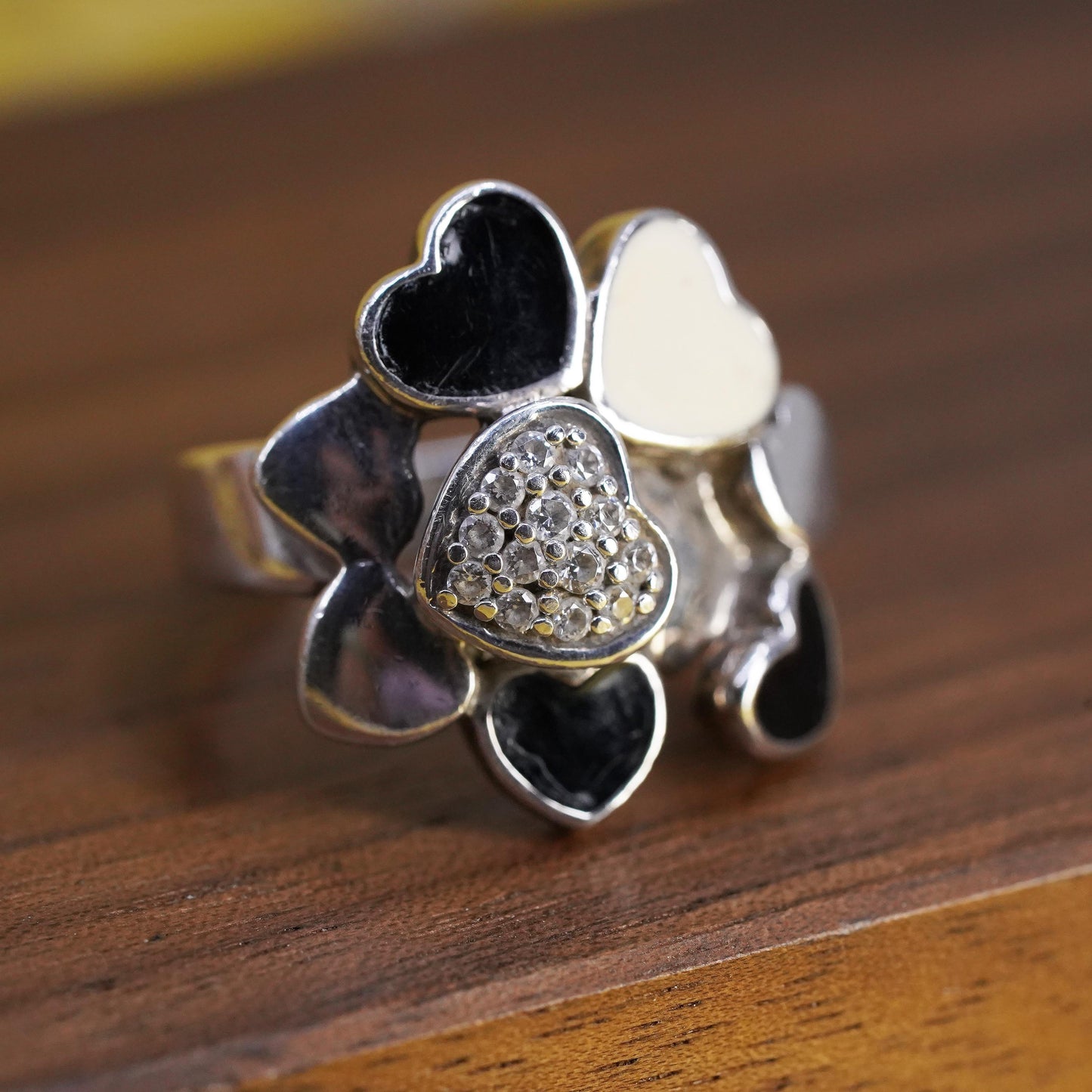 Size 6.25, Folli Follie 925 Sterling Silver 925 cluster heart ring onyx and cz