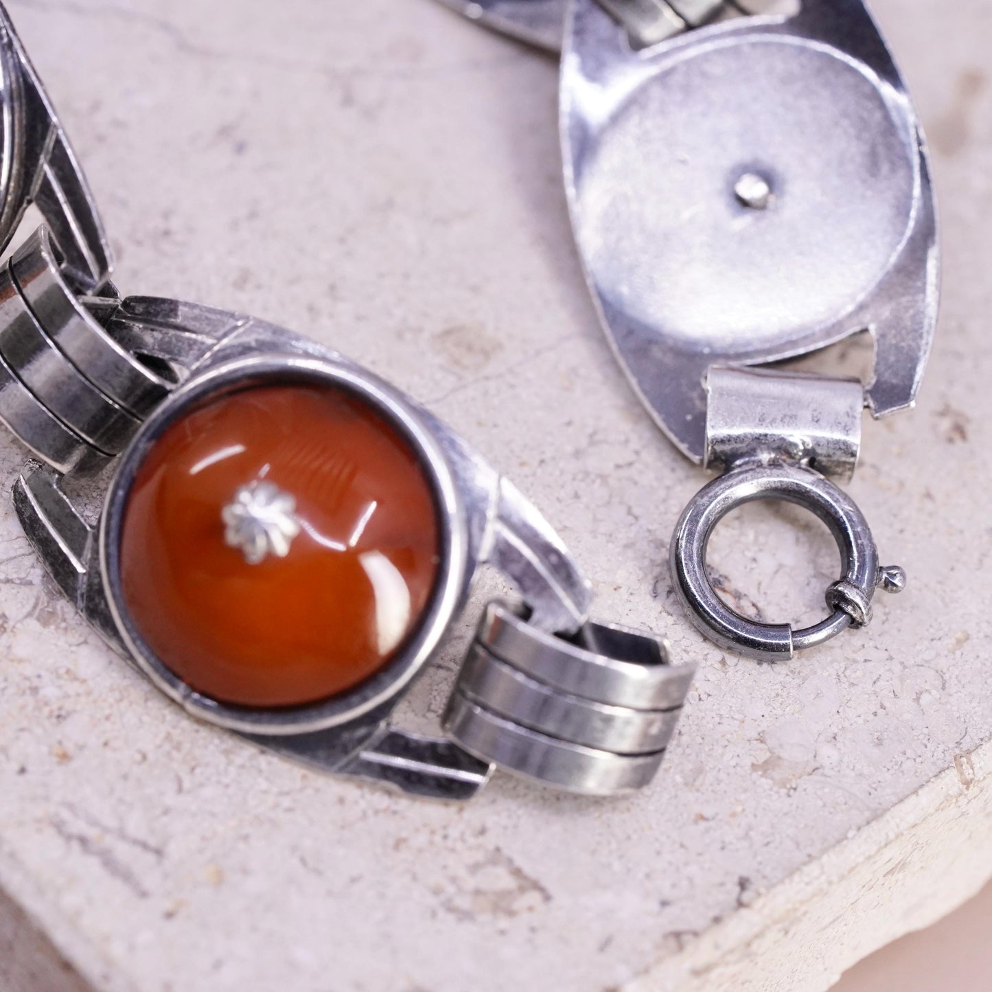 7.75", vintage German OKO sterling 835 silver handmade bracelet with carnelian
