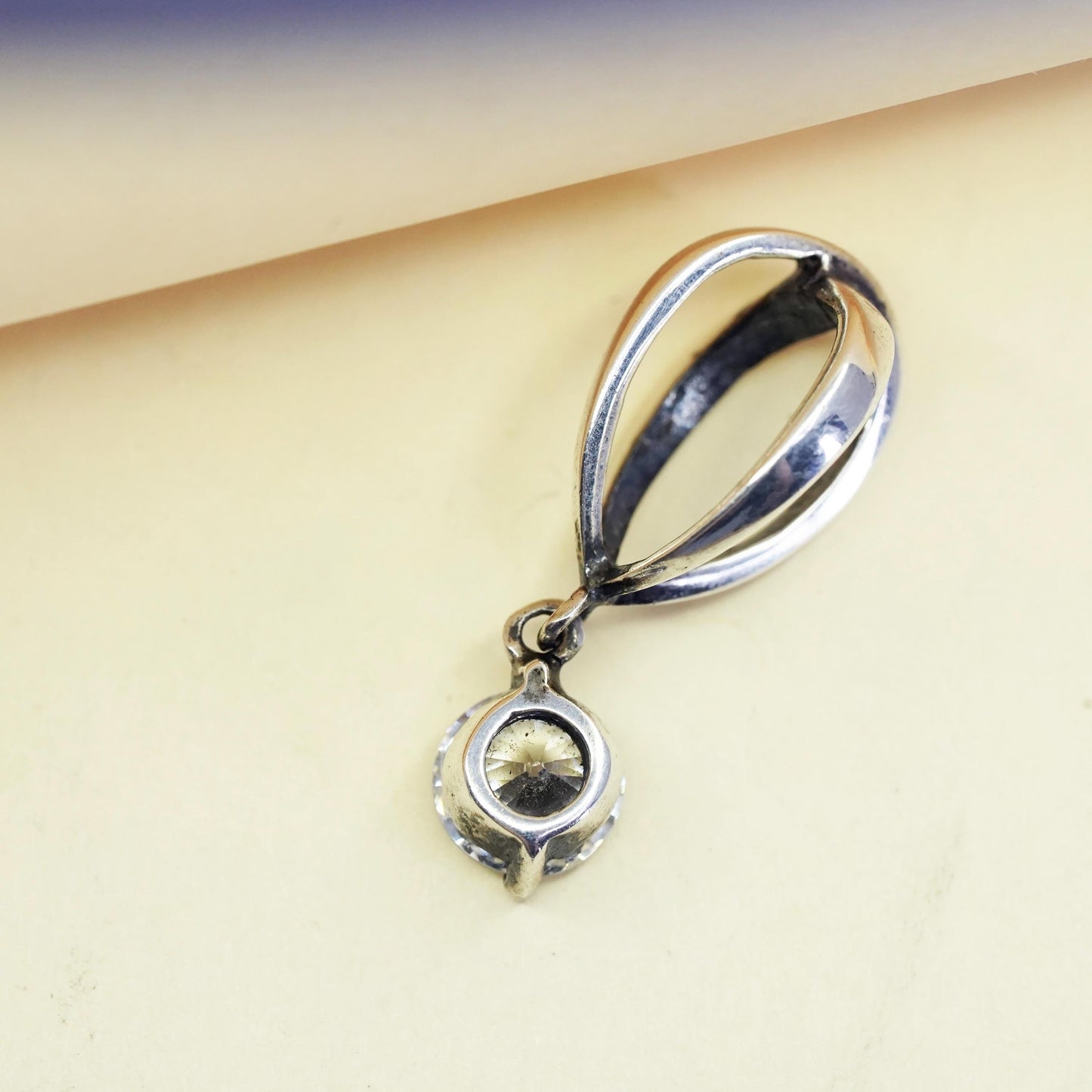 Vintage modern sterling 925 silver cage pendant with cz charm