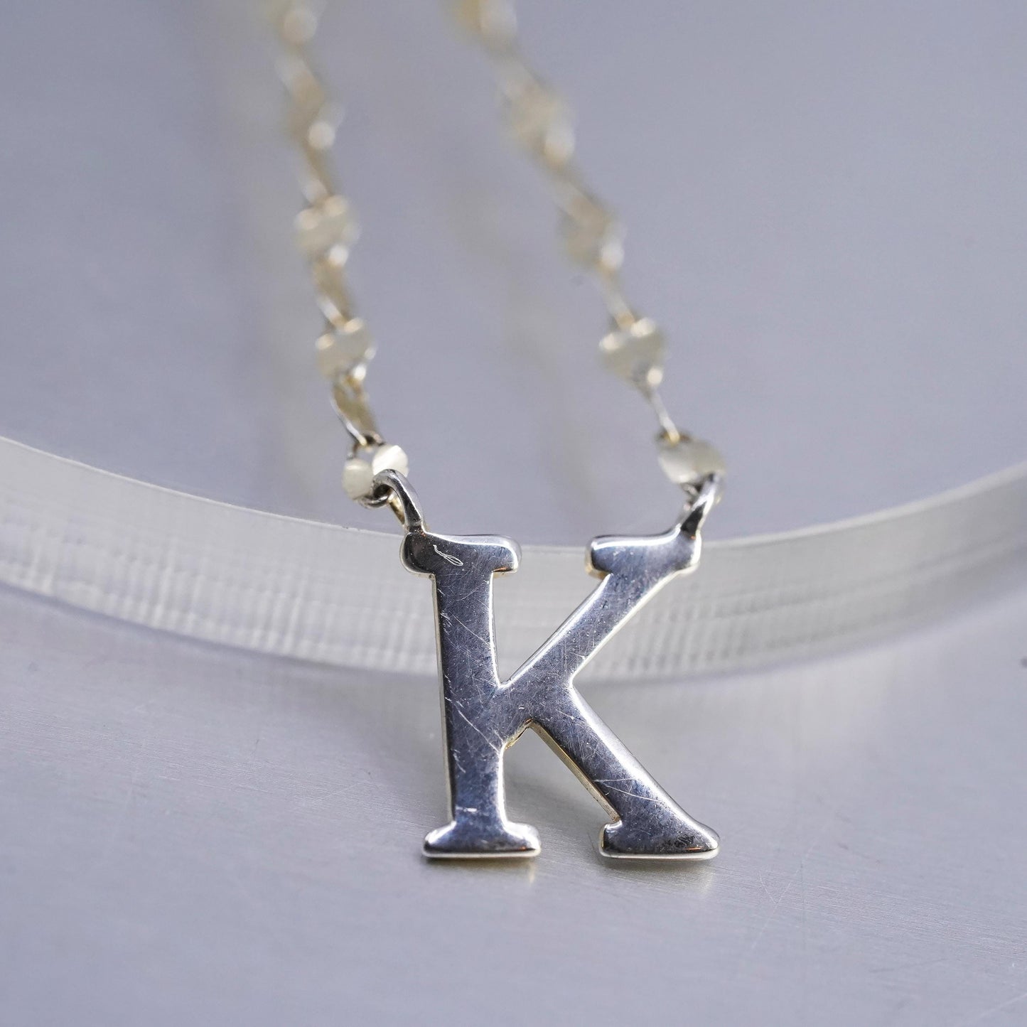 16+2", gold plated Sterling silver necklace, 925 flatten chain letter K pendant