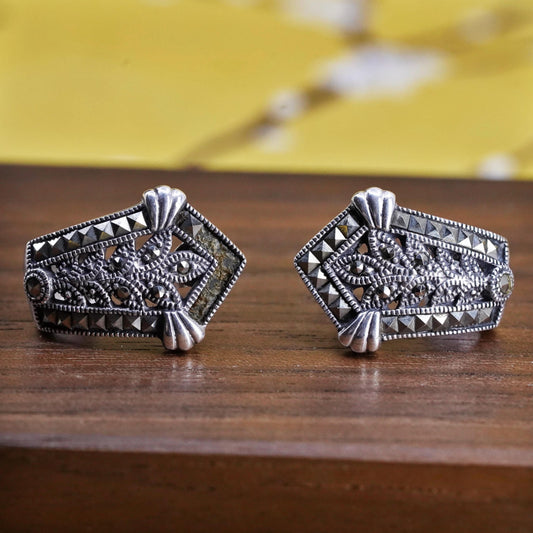 Vintage Sterling silver handmade earrings, 925 huggie studs with marcasite