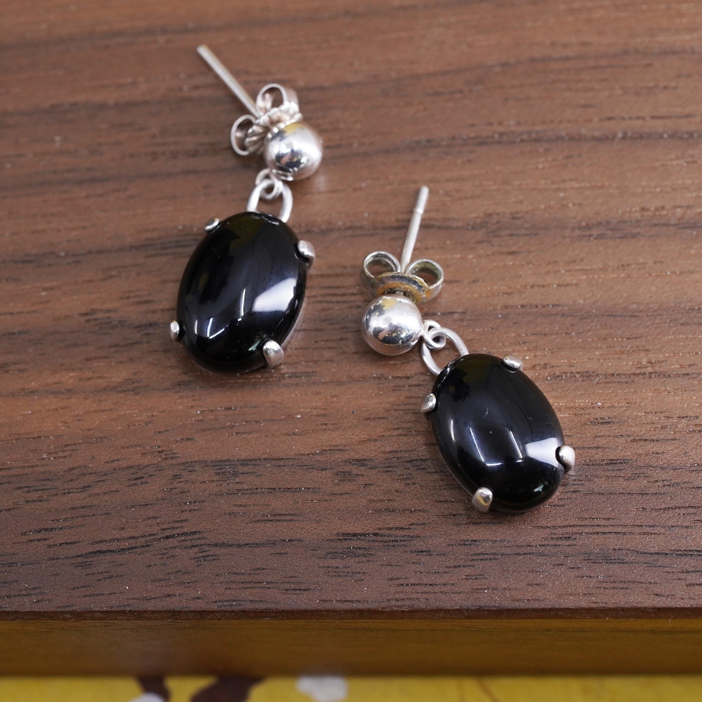 Vintage Sterling 925 silver handmade earrings with oval onyx dangles