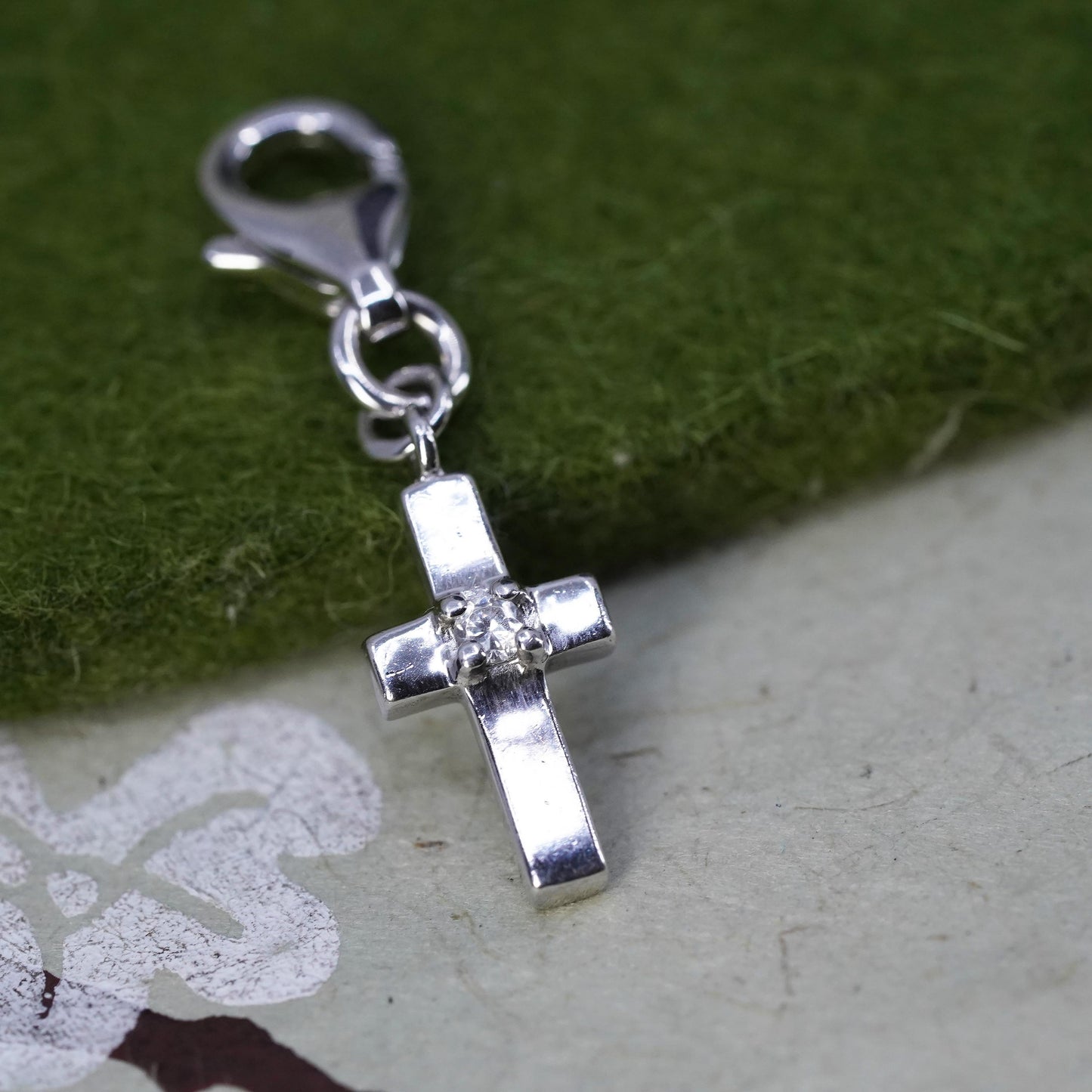 Vintage Sterling silver pendant, solid 925 silver cross charm with cz