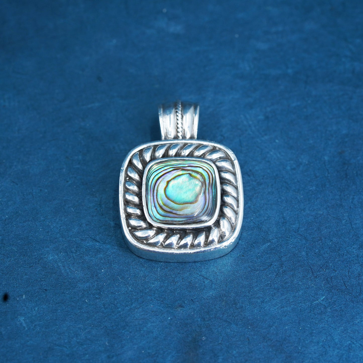 Vintage Sterling 925 silver handmade square pendant with abalone and cable