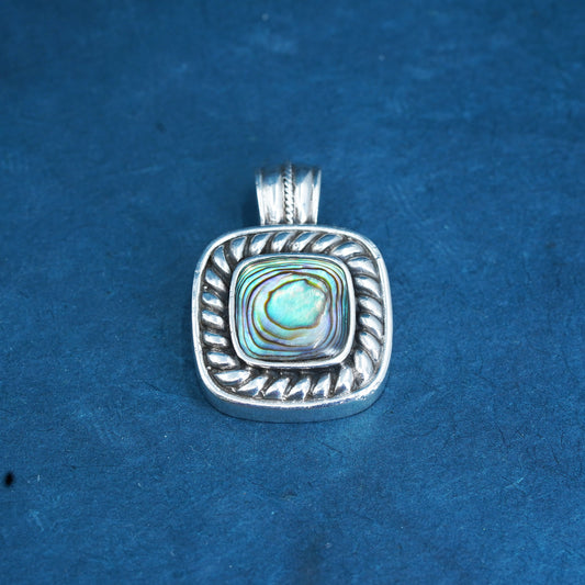 Vintage Sterling 925 silver handmade square pendant with abalone and cable