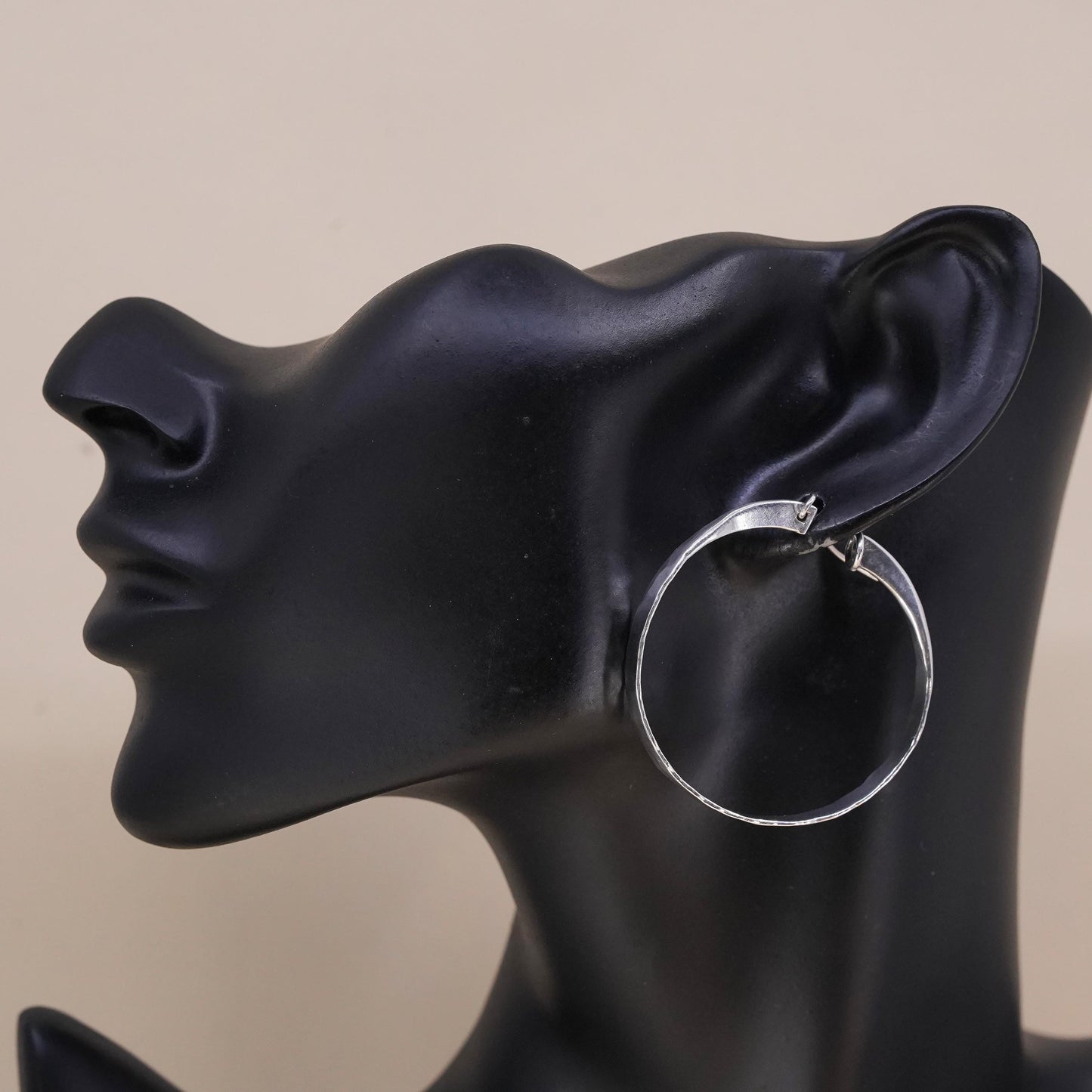 1.75", Vintage sterling silver loop single earring, flatten hammered hoop