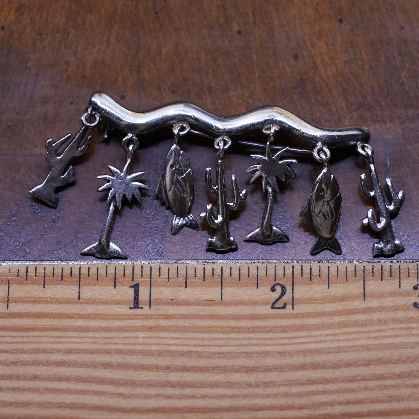 VTG Mexican sterling 925 silver handmade brooch cactus palm tree fish charms