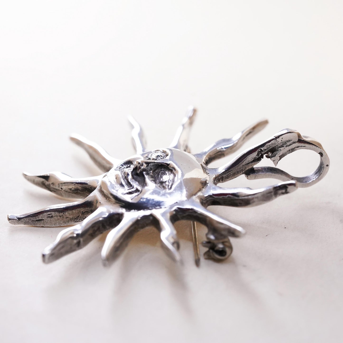 Vintage Mexican Sterling silver handmade sun face pendant, 925 brooch