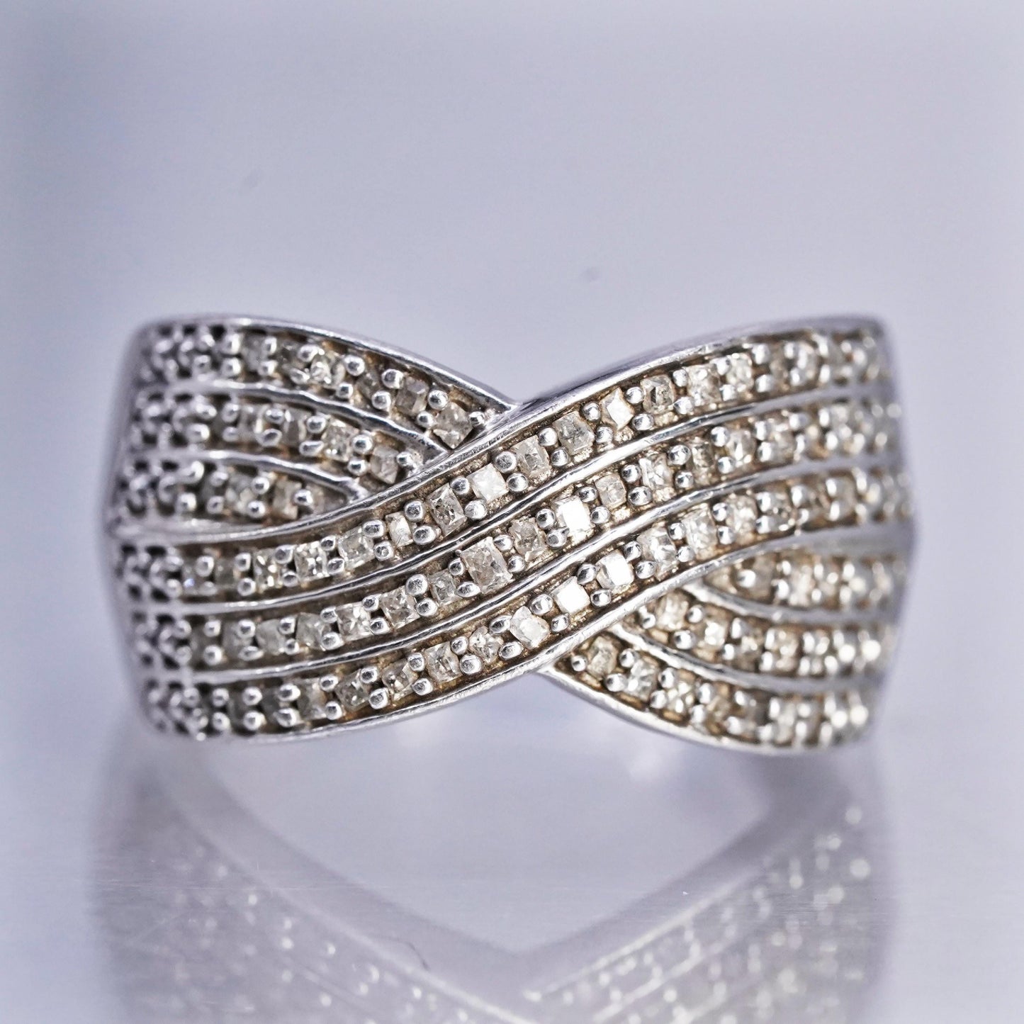 Size 8.25, vintage Sterling 925 silver band ring with cluster genuine diamonds
