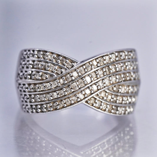 Size 8.25, vintage Sterling 925 silver band ring with cluster genuine diamonds