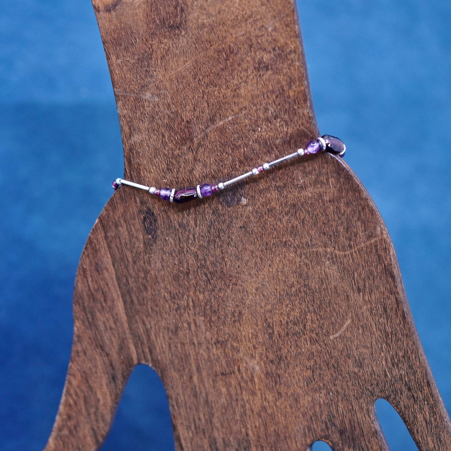 7”, sterling handmade bracelet, 925 liquid silver chain with amethyst beads