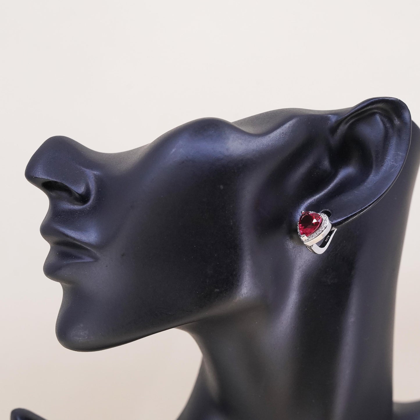 Vintage Sterling 925 silver handmade heart stud w/ ruby and cz, single earring