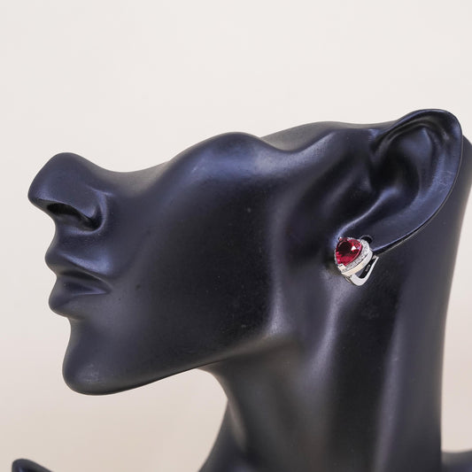 Vintage Sterling 925 silver handmade heart stud w/ ruby and cz, single earring