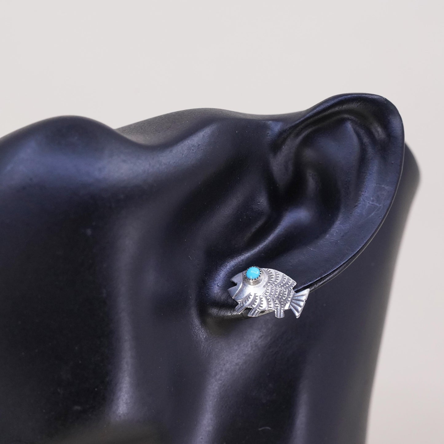 Native American Navajo single earring. Sterling 925 silver fish stud turquoise