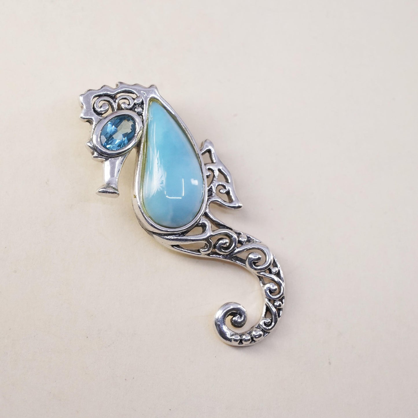 Vintage sterling 925 silver handmade filigree seahorse pendant larimar topaz