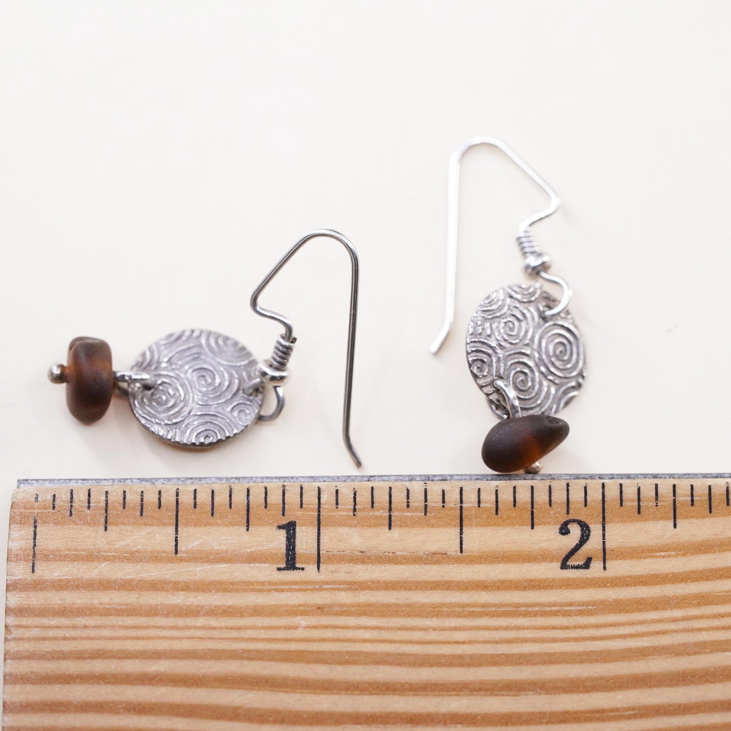 Vintage sterling 925 silver handmade spiral disc earrings with amber bead