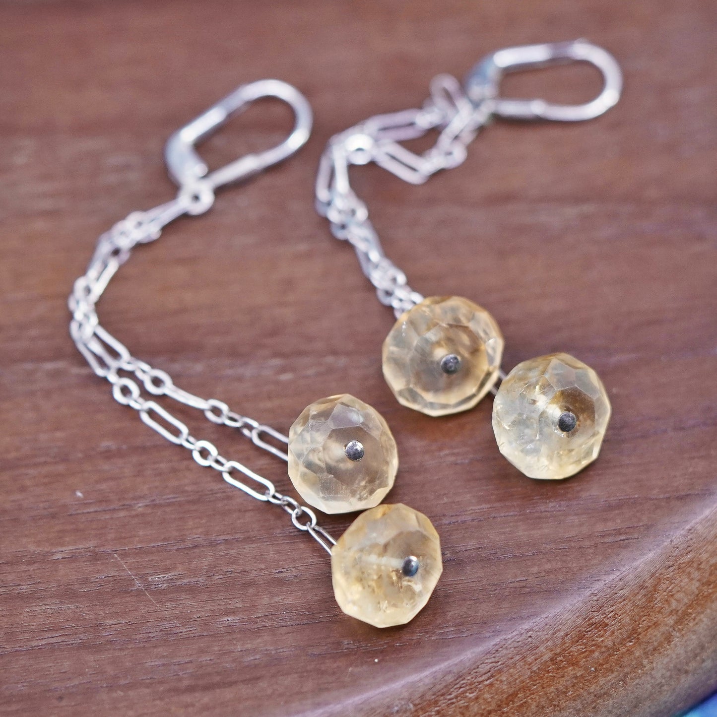 Vintage sterling silver handmade earrings, 925 chain drop with citrine nugget