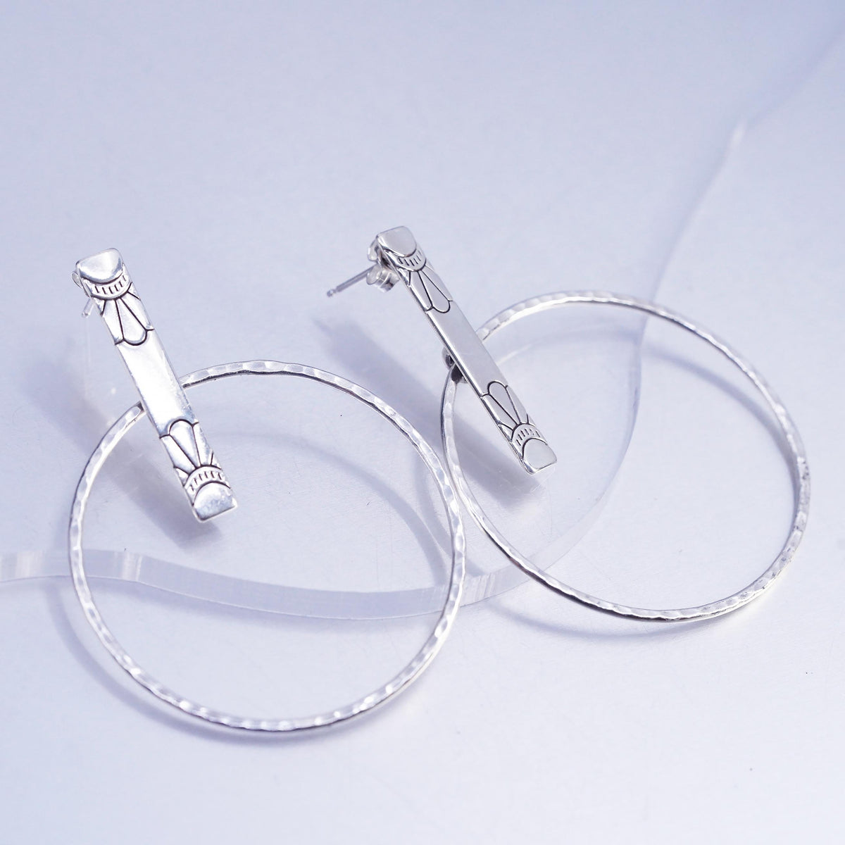 1.75", vintage Sterling silver handmade earrings, textured 925 hoop dangles