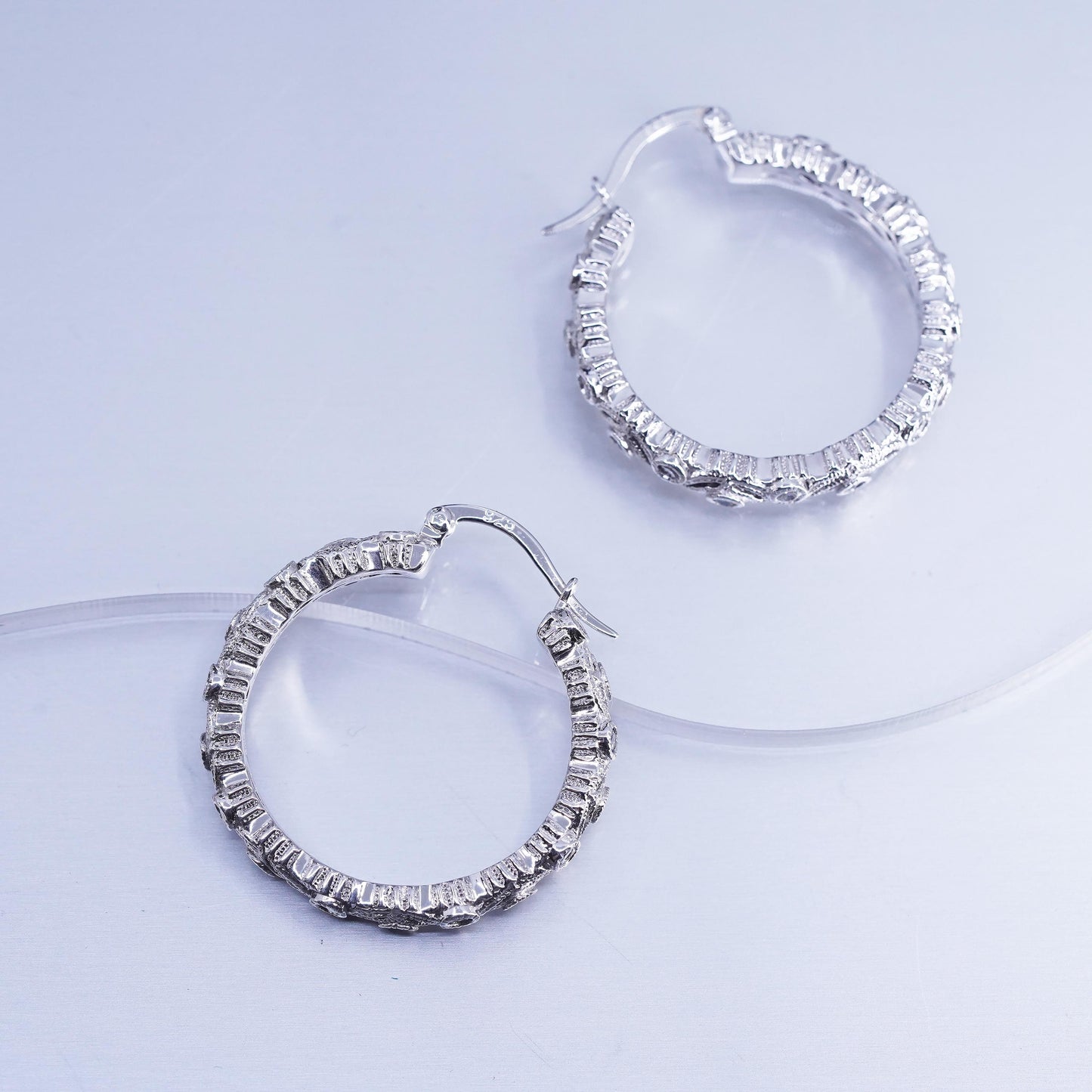 1.25”, vintage Sterling silver handmade earrings, 925 huggie hoops cluster Cz