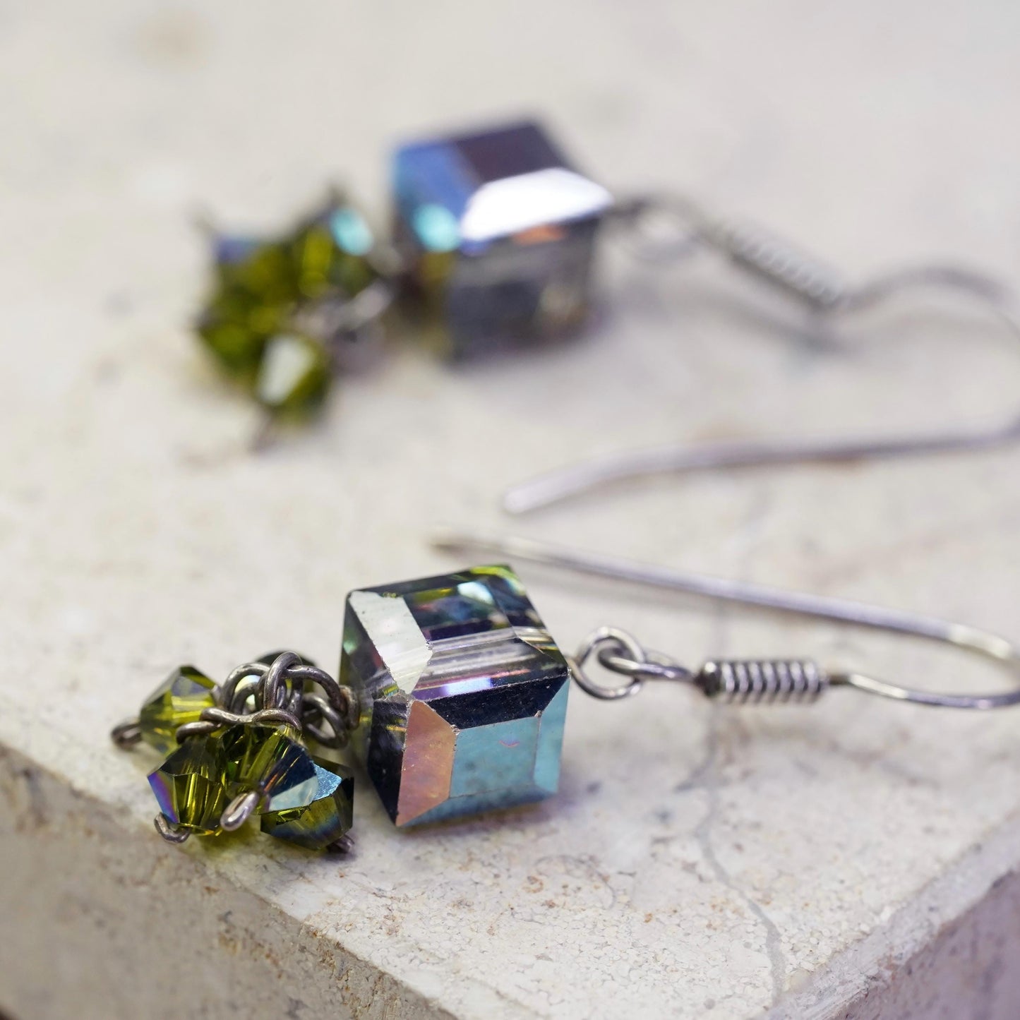 Vintage sterling silver handmade earrings, 925 hooks with crystal cube dangles