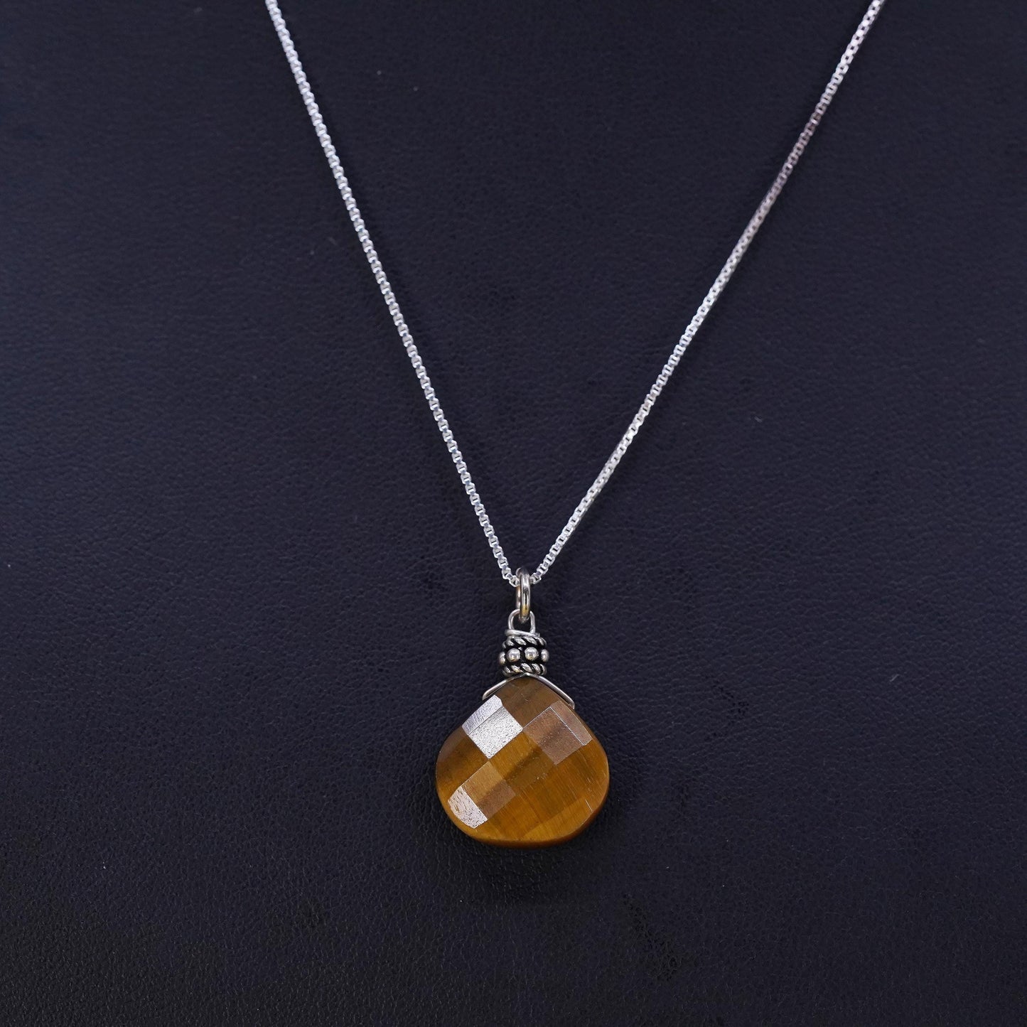 16", vintage Sterling silver box chain necklace 925 golden tiger eye pendant