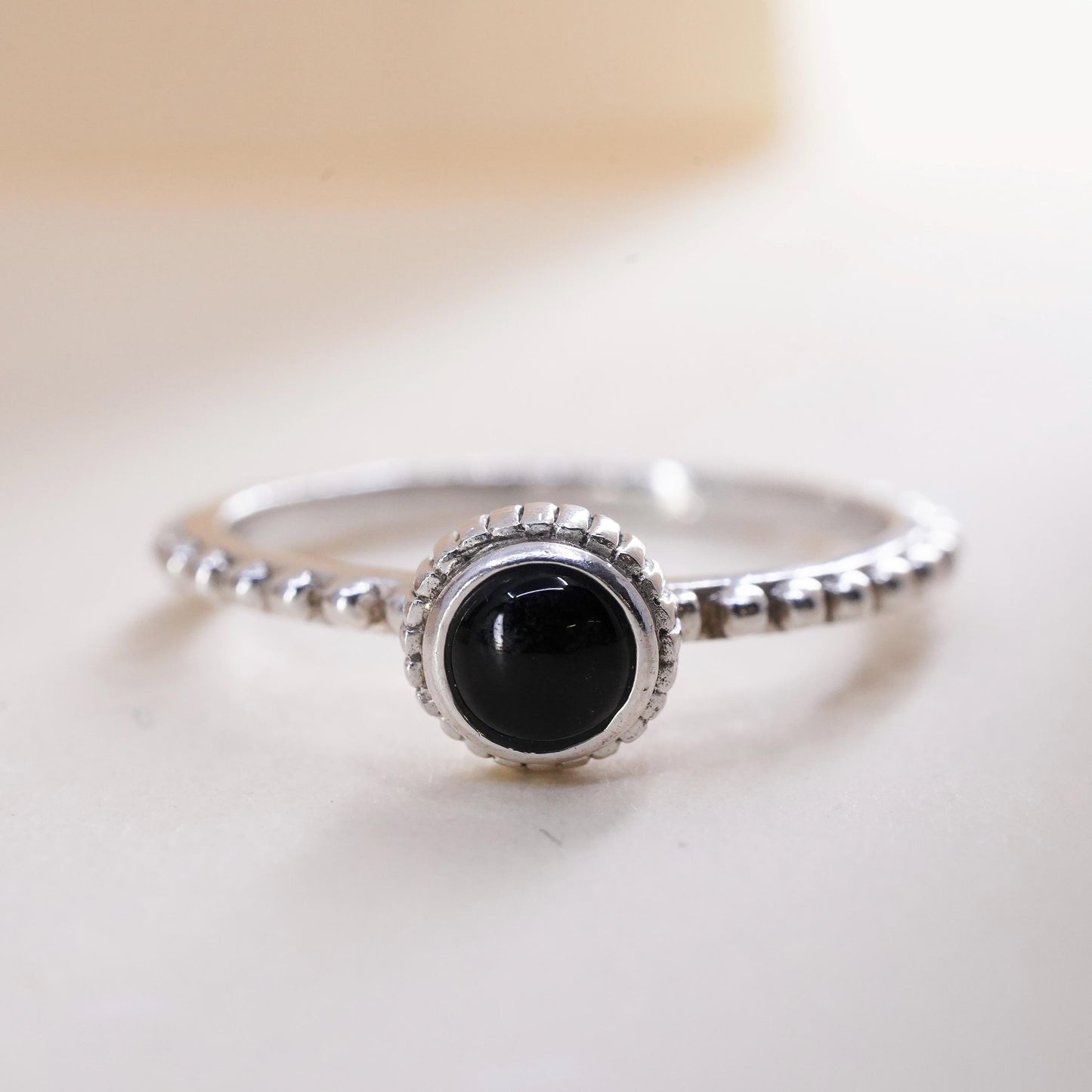 Size 8, Vintage sterling 925 silver handmade ring, stackable band with onyx