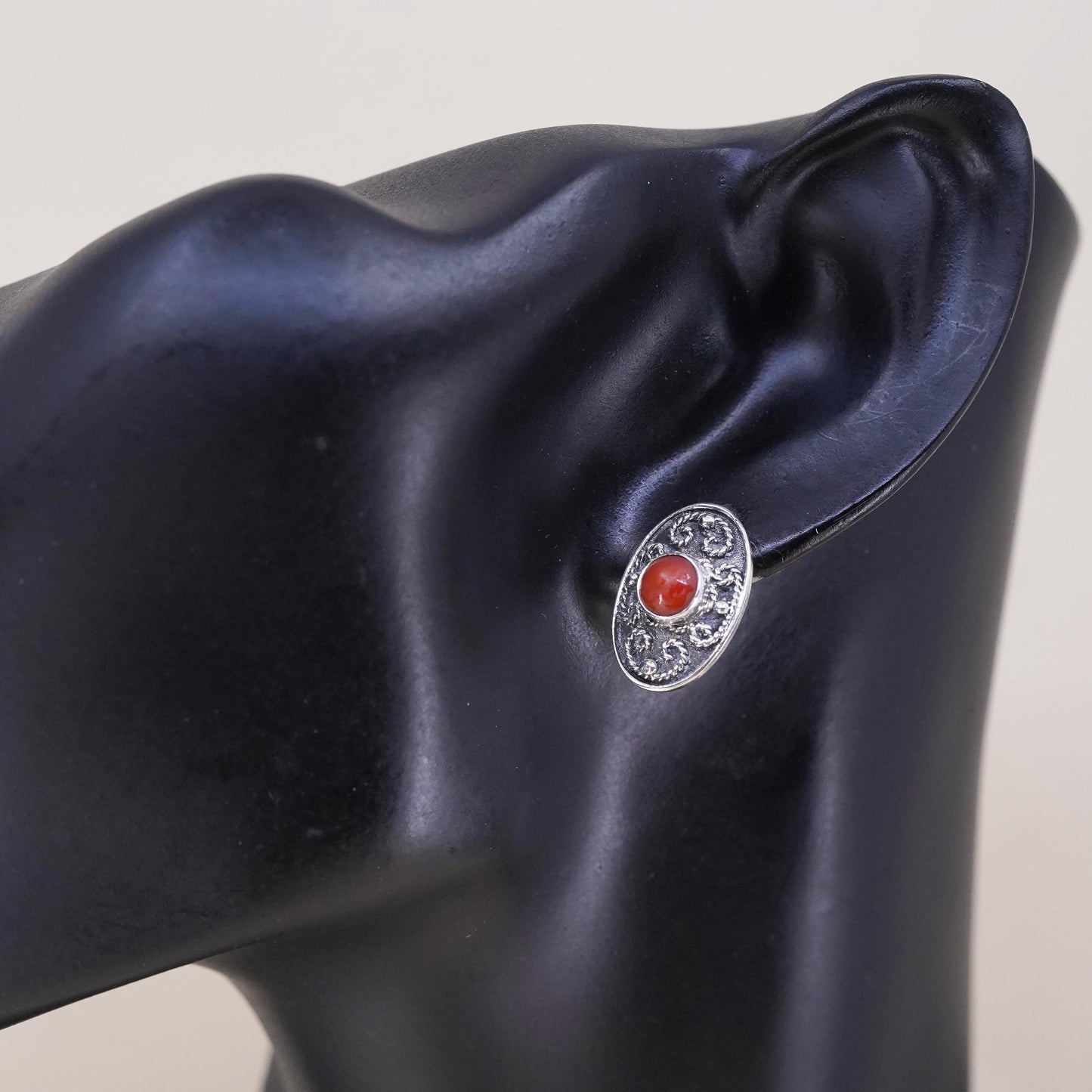 Native American Navajo handmade single earring. Sterling 925 silver stud coral