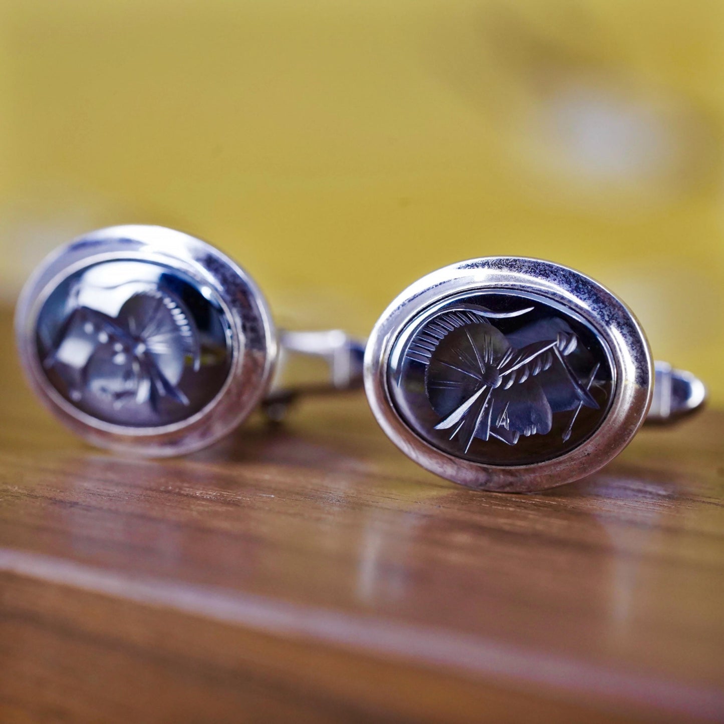 VTG Sterling 925 silver handmade hematite warrior Intaglio cufflinks cuff links