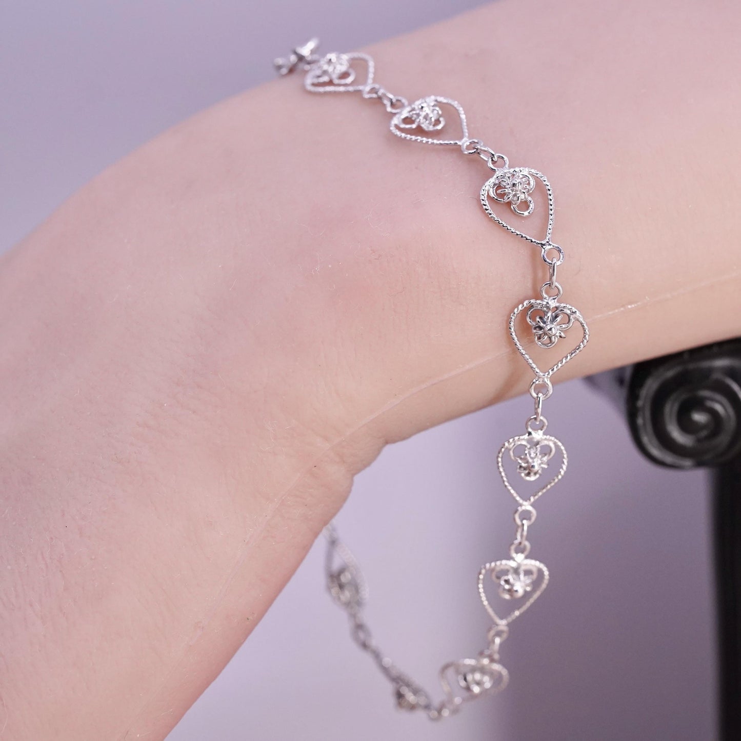 8.25", vintage sterling silver handmade bracelet, 925 filigree heart bracelet