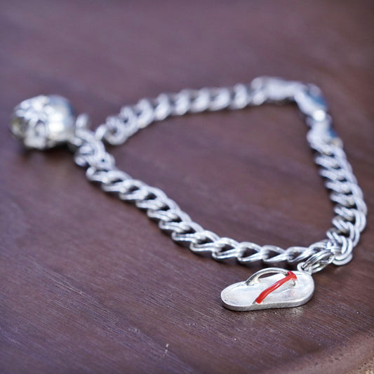 7.5”, Vtg Sterling silver 925 bracelet, curb chain football, flip-flop charms