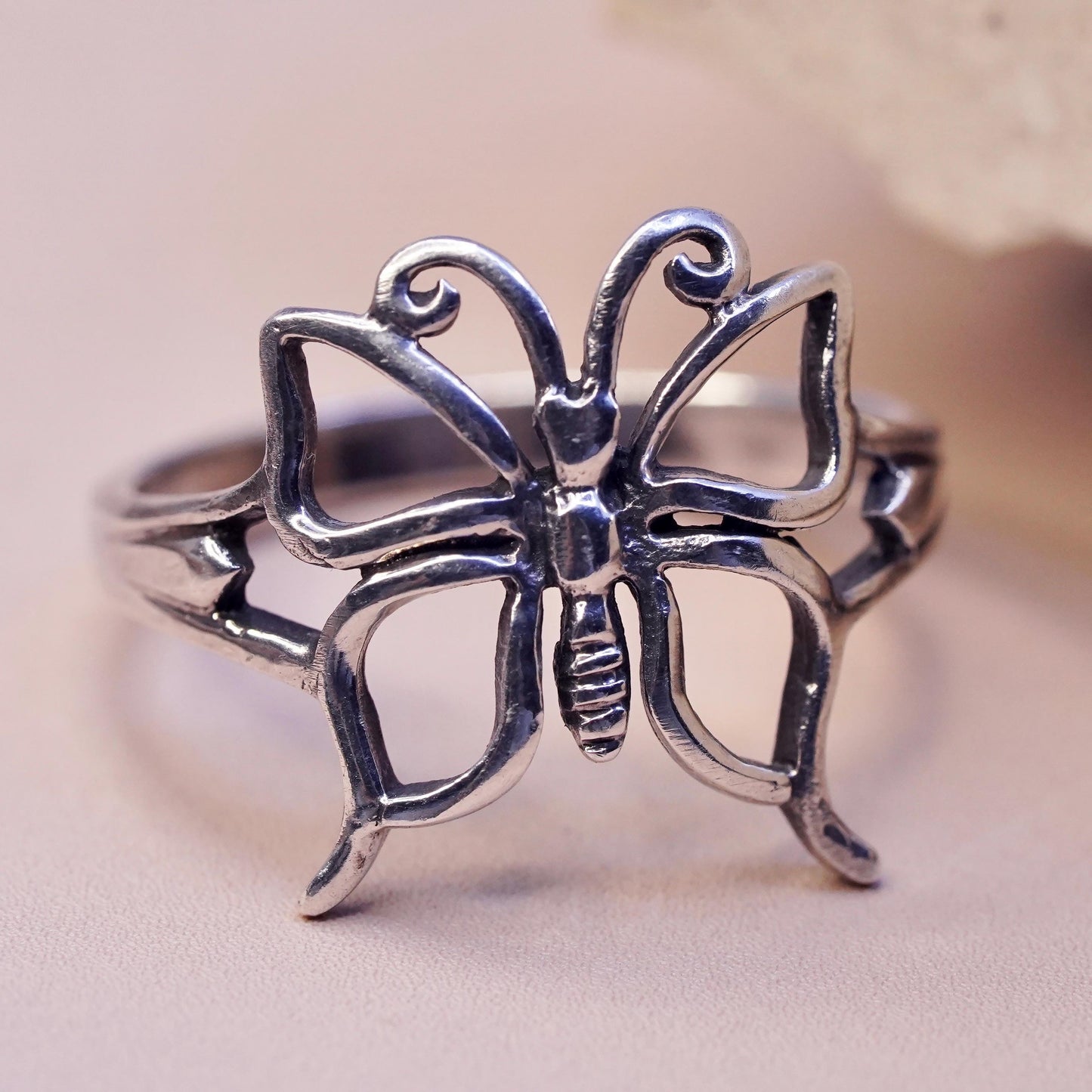 Size 8.5, vintage Sterling silver handmade ring, 925 filigree butterfly ring