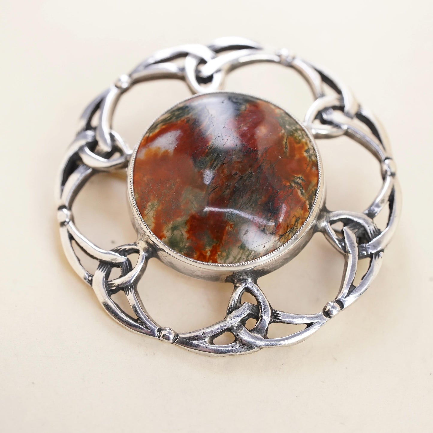 Scottish Sterling Silver Moss Agate Brooch, Celtic Knot Circle Pin, jewelry