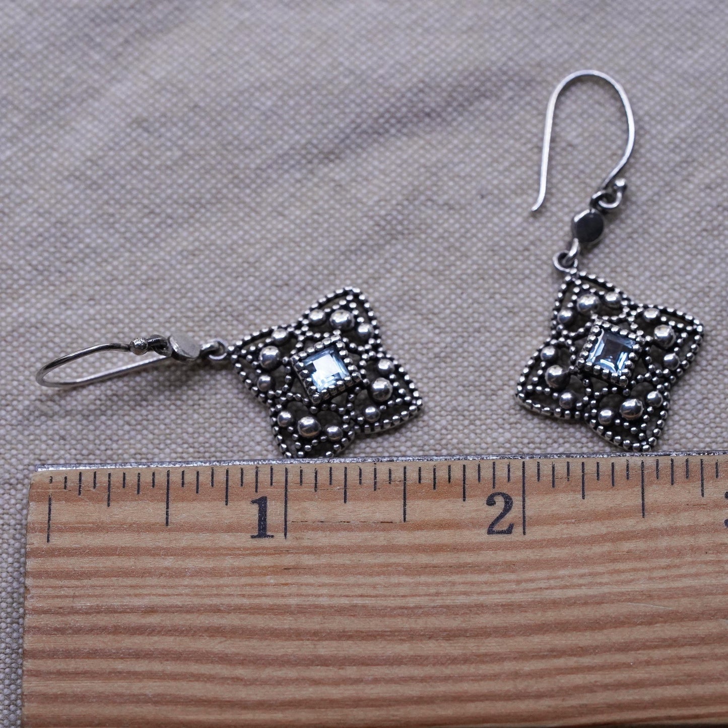 Vintage Sterling silver handmade earrings, 925 beaded dangles with blue topaz