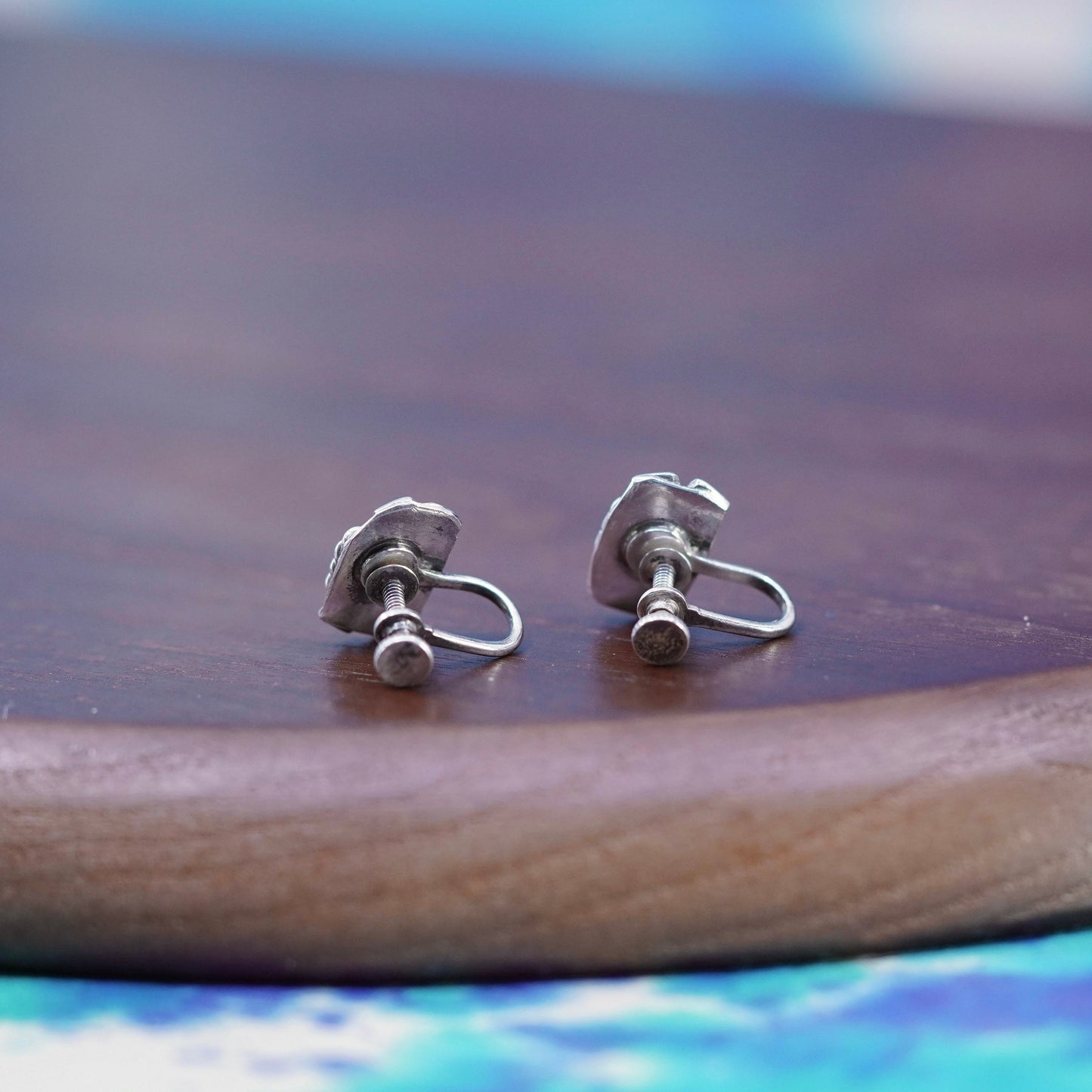 Native American Sterling silver screw back earrings spiderwebbed turquoise