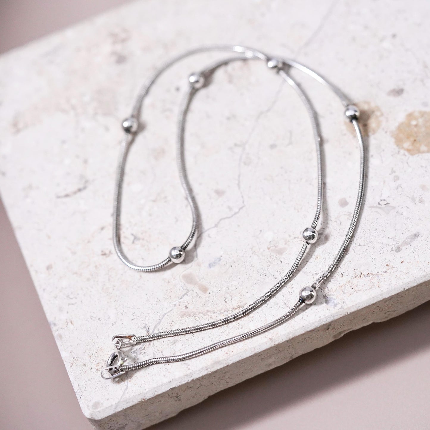 16” 1mm, vintage Sterling silver handmade necklace, 925 snake chain with beads