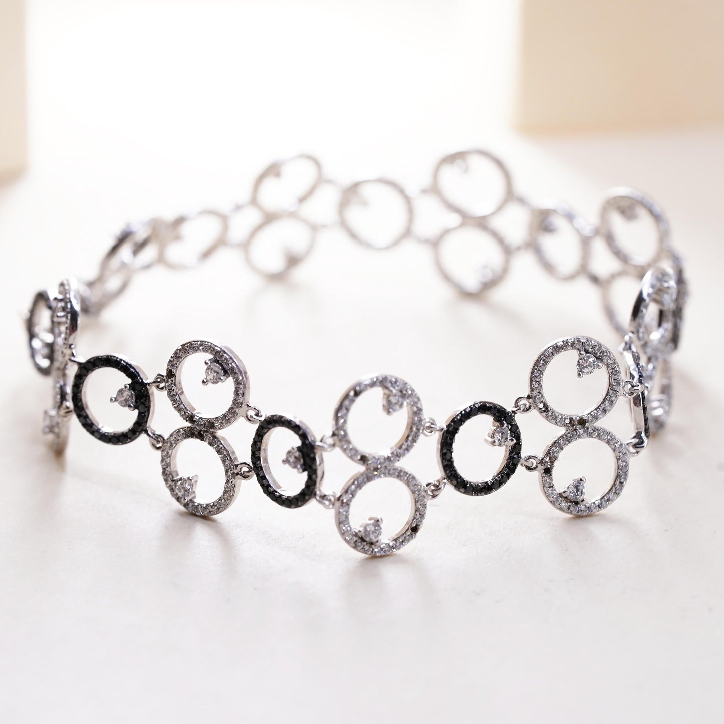 7.75", MISSING CZ, Vintage two tone Sterling 925 silver tennis bracelet with cz