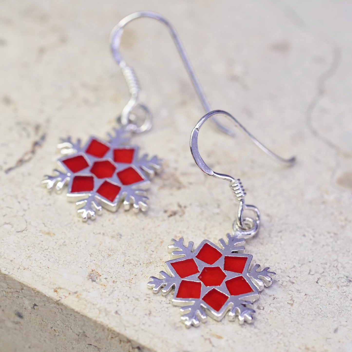 Vintage sterling silver handmade earrings, 925 hooks red enamel snowflake drops