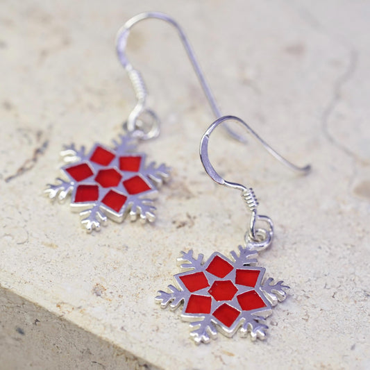 Vintage sterling silver handmade earrings, 925 hooks red enamel snowflake drops