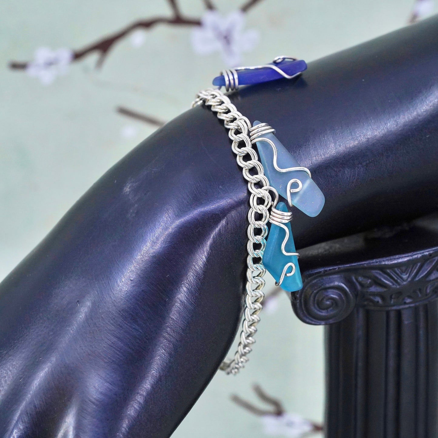 6.75”, Vintage sterling 925 silver double curb bracelet sea washed glass charms