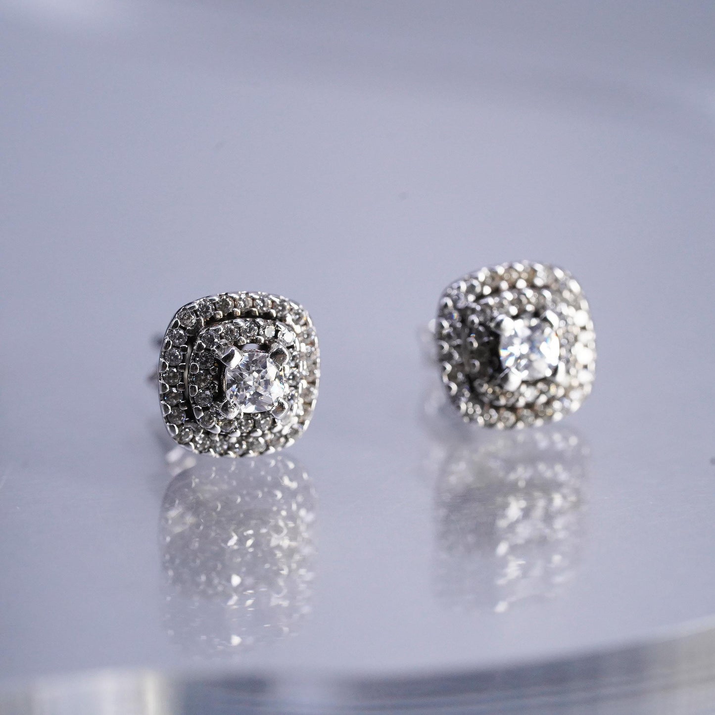 Vintage Sterling 925 silver handmade earrings, square studs with cluster Cz