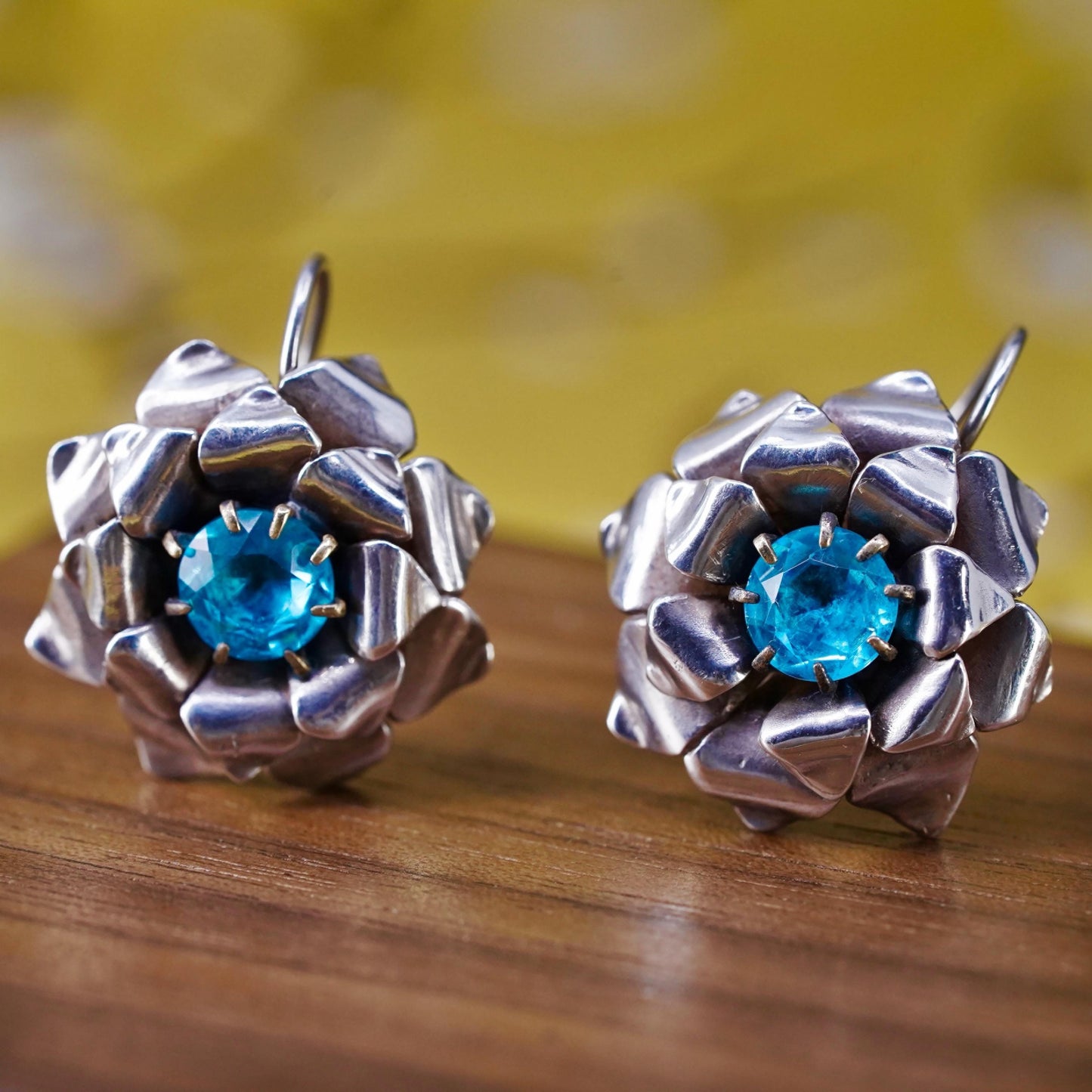 Vintage H. OKEY Sterling silver earrings, 925 flower dangles blue rhinestones