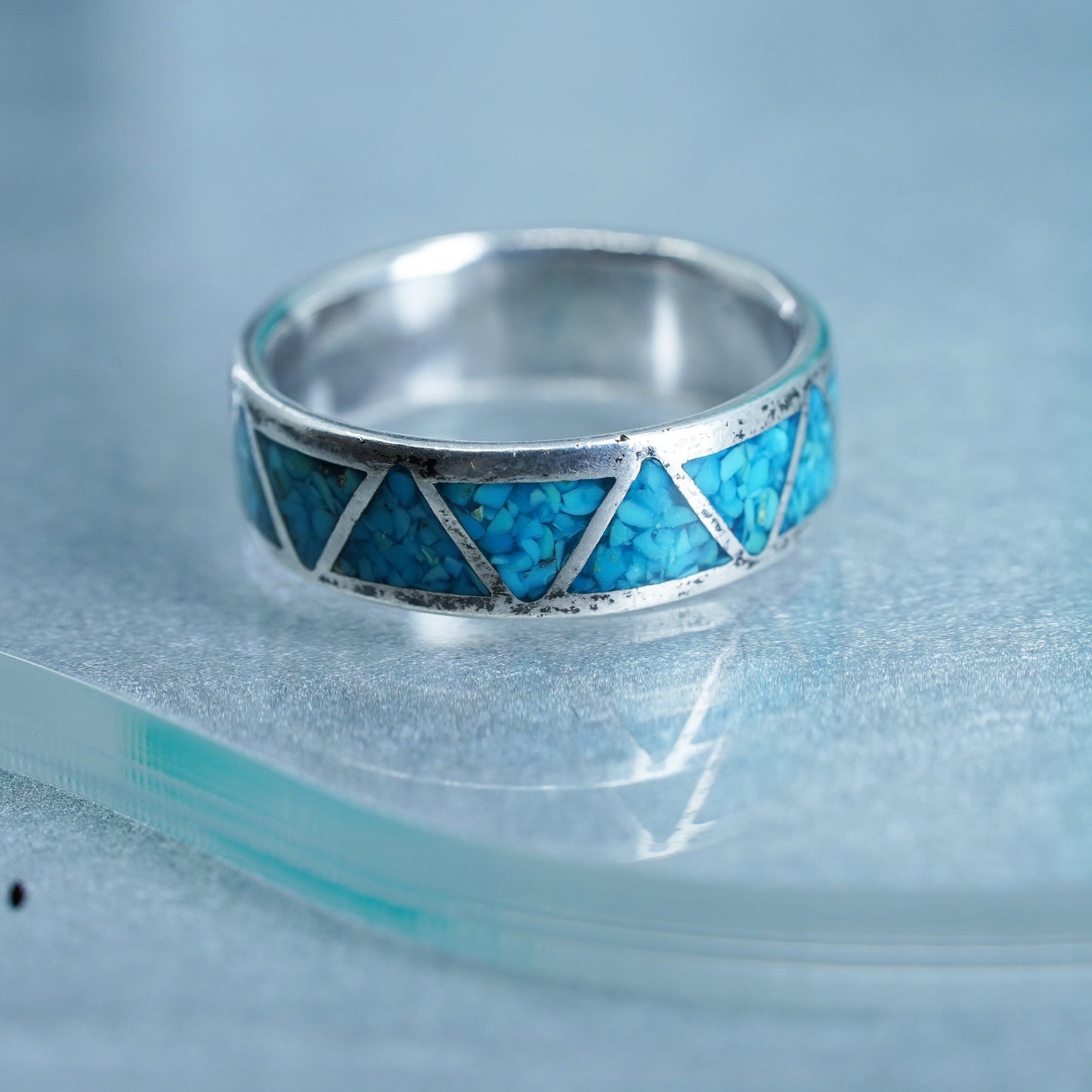 Size 11, Native American navajo Sterling 925 silver ring turquoise chips inlay