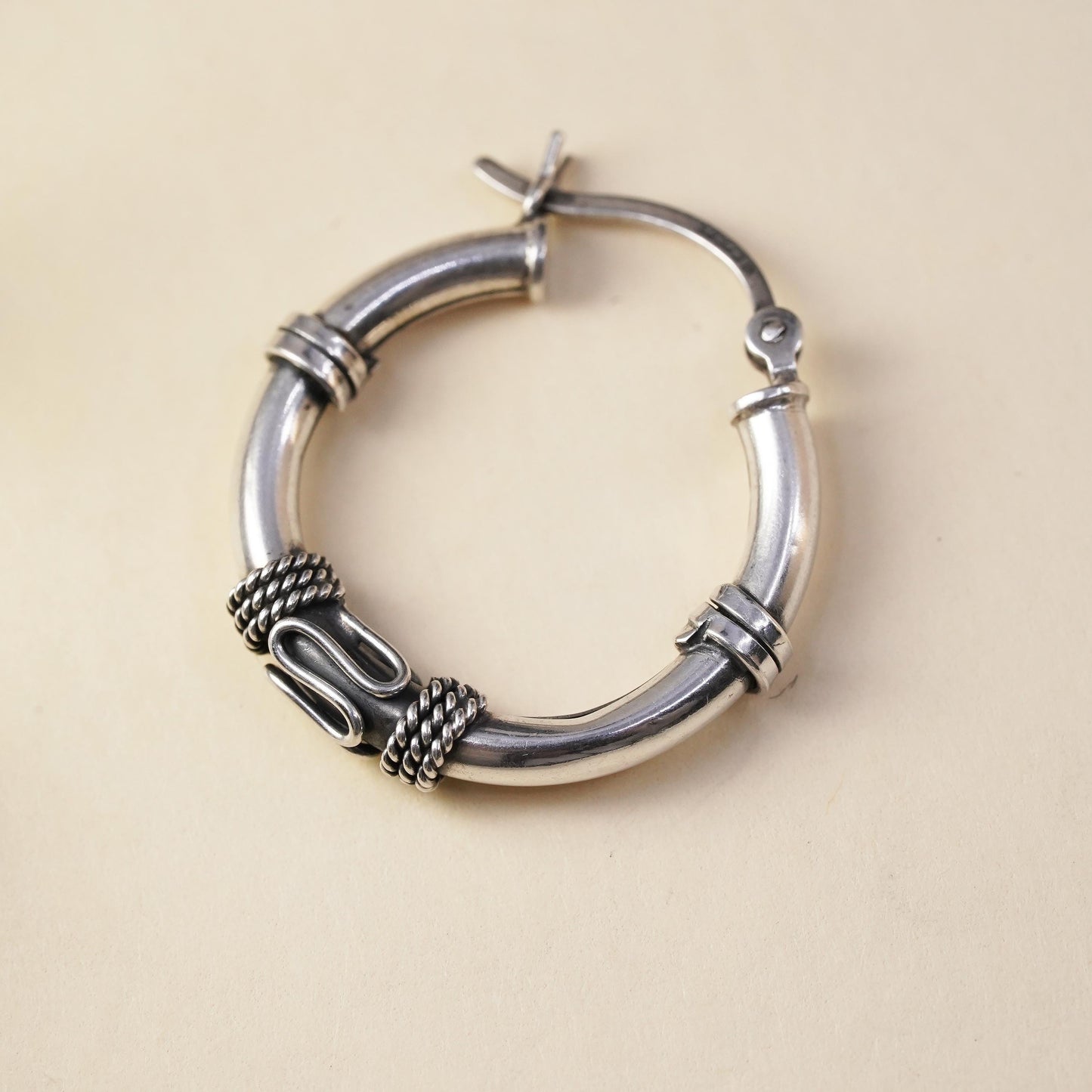 1", Vintage sterling silver loop single earring, textured wired hoop