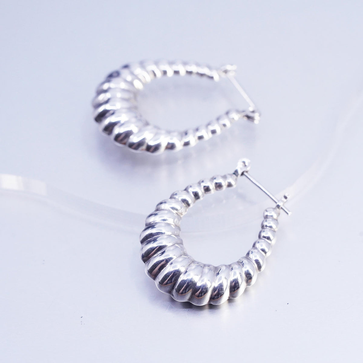 1.25", Vintage 925 Sterling Silver Handmade Ribbed Huggie Hoop Earrings