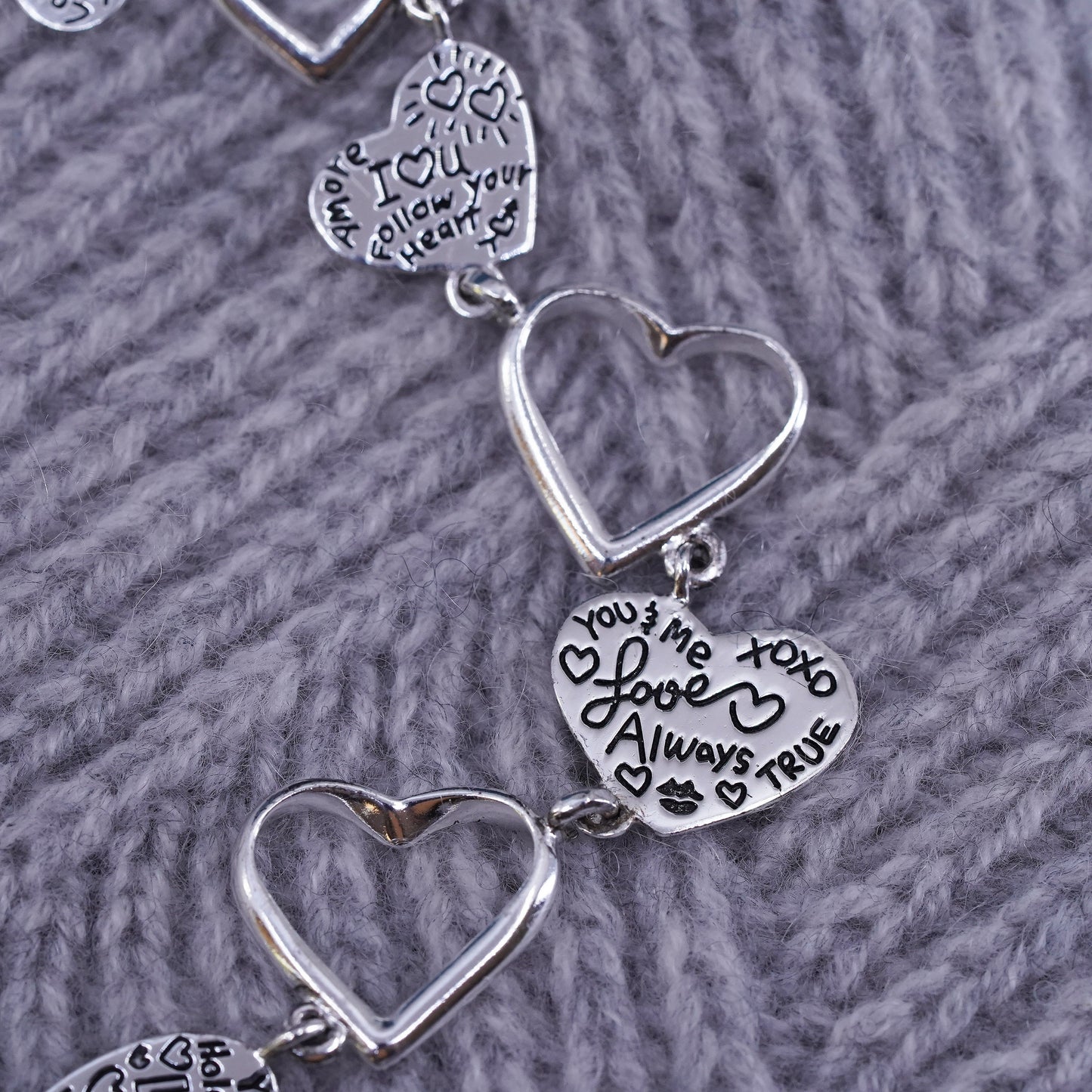8”, vintage Sterling 925 Silver heart link bracelet embossed “I love you”