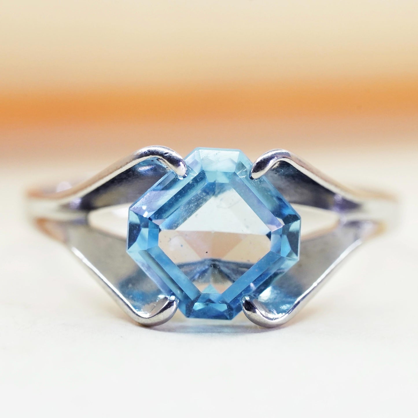 Size 6, vintage signed Sterling silver statement ring, 925 band with blue topaz