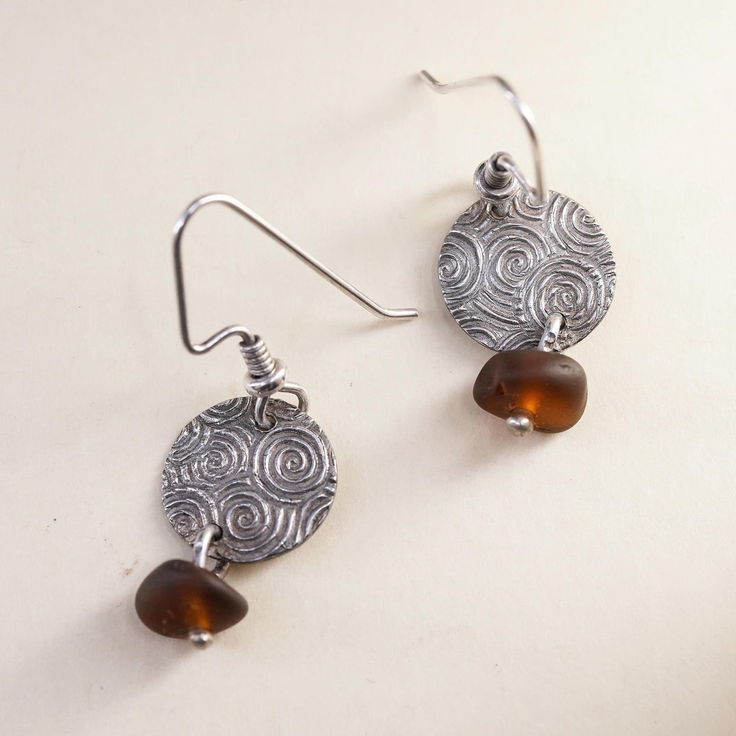 Vintage sterling 925 silver handmade spiral disc earrings with amber bead
