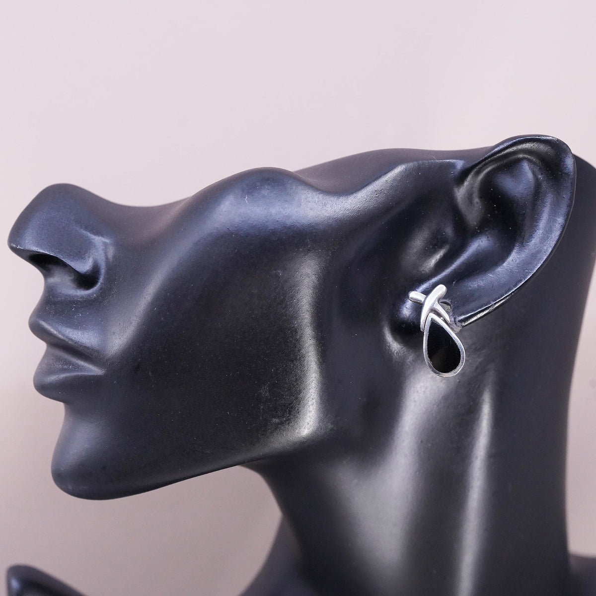 Vintage sterling silver handmade earrings, 925 silver Teardrop studs onyx inlay