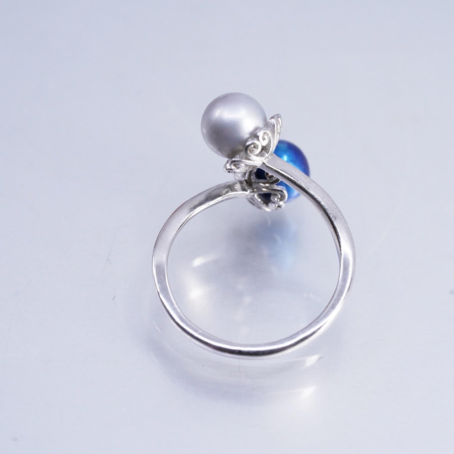 Size adjustable, vintage Sterling 925 silver wrap band ring blue gray pearl
