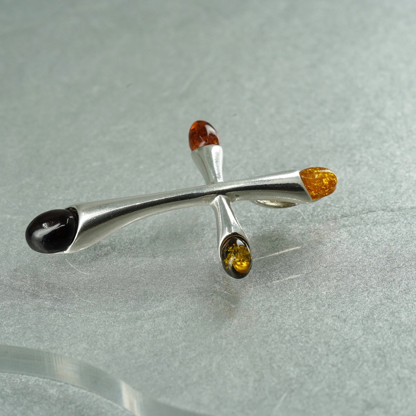Vihtage sterling 925 silver handmade cross pendant with amber inlay